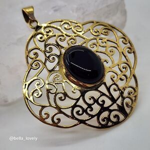 Onyx Gold Toned Ethnic Handmade Filigree Pendant Jewelry 2.27"